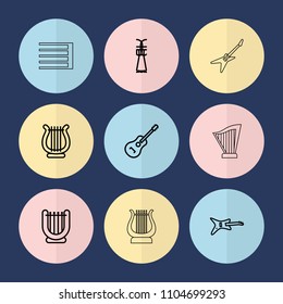 Set of 9 string outline icons such as guitar, harp, shuttlecock