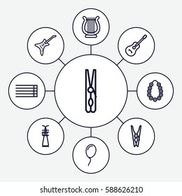Set of 9 string outline icons such as cloth pin, guitar strings, guitar, harp, garland, balloon