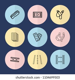 Set of 9 strip outline icons such as sligshot, movie tape, bandage, camera tape, bacon