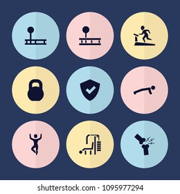 Set of 9 strong filled icons such as shield, barbell, broken leg or arm, fintess equipment, man doing exercises, treadmill