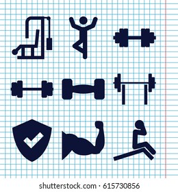 Set of 9 strong filled icons such as muscle, barbell, barbell   isolated, shield, man doing exercises