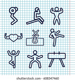 Set of 9 strong outline icons such as no hair in skin, heart with muscles, bodybuilder, fintess equipment