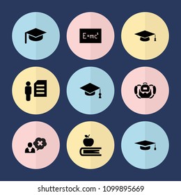 Set of 9 student filled icons such as graduation hat, board with formulas, man and document, backpack, graduation cap, apple on book