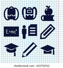 Set of 9 student filled icons such as pencil, backpack, graduation cap, man and document, arrows up, board with formulas