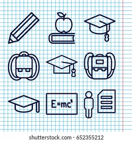 Set of 9 student outline icons such as backpack, graduation cap, pencil, graduation hat, apple on book, arrows up, board with formulas
