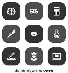 Set Of 9 Studies Icons Set.Collection Of Ink, Academic Hat, Calculate And Other Elements.