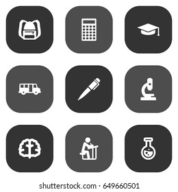 Set Of 9 Studies Icons Set.Collection Of Rucksack, Calculate, Marrow And Other Elements.