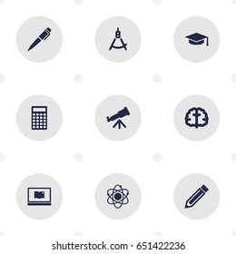 Set Of 9 Studies Icons Set.Collection Of Notebook, Calculate, Magnet Navigator And Other Elements.