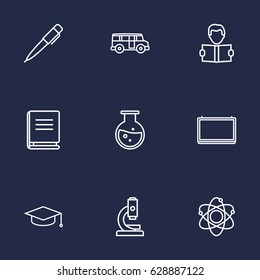 Set Of 9 Studies Outline Icons Set.Collection Of Encyclopedia, Microscope, Bus And Other Elements.