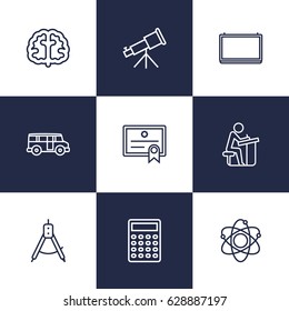Set Of 9 Studies Outline Icons Set.Collection Of Brain, School Board, Bus And Other Elements.