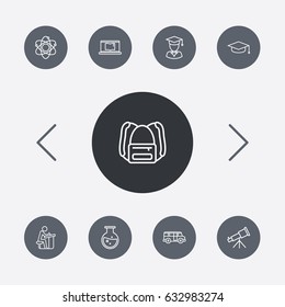 Set Of 9 Studies Outline Icons Set.Collection Of Bus, Backpack, Test Tube And Other Elements.