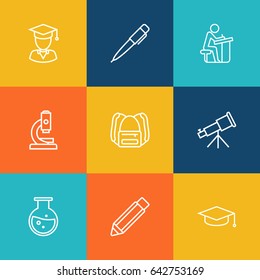 Set Of 9 Studies Outline Icons Set.Collection Of Graduated, Pupil, Telescope And Other Elements.