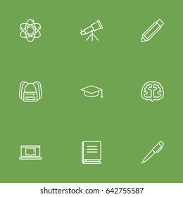 Set Of 9 Studies Outline Icons Set.Collection Of Graduation Cap, Encyclopedia, Telescope And Other Elements.