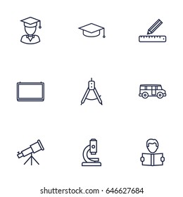 Set Of 9 Studies Outline Icons Set.Collection Of Bus, Learning, Telescope And Other Elements.