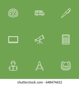 Set Of 9 Studies Outline Icons Set.Collection Of Pen, Backpack, Brain And Other Elements.