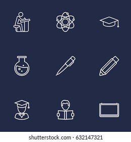 Set Of 9 Studies Outline Icons.Collection Of Atom, Graduation Cap, Pen And Other Elements.
