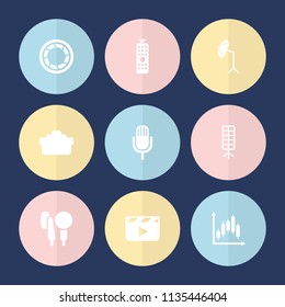 Set of 9 studio filled icons such as clapper board, microphone, camera shutter, camera lense, studio umbrella, soft box, remote control