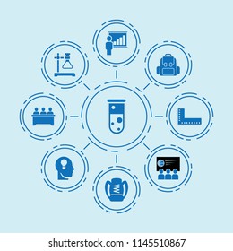 Set of 9 study filled icons such as key hole in head, lesson, ruler, lecturer, test tube, sport conference, backpack