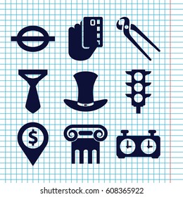 Set of 9 style filled icons such as Greek column, tie, pliers, traffic light, music note, hat, clock, credit card in hand