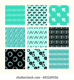 Set of 9 styled, ultimate hand drawn seamless textures. Drawn with brush and ink and then digitized into vector.