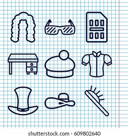 Set of 9 stylish outline icons such as hairstyle, hair brush, blouse, woman hat, office desk, hat, sim card