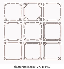 Set of 9 stylish rich decorated square decorative frames in mono line style with rounded corners