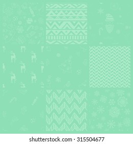 Set of 9 Subtle Colorful Xmas and New Year Doodle, Christmas Seamless Background Patterns. Hand Drawn Vector Illustration. Pattern Swatches