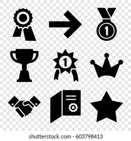 Set of 9 success filled icons such as Star, Crown, award, trophy, handshake, medal, number 1 medal, diploma
