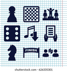 Set of 9 success filled icons such as Dice, ranking, holding document, chess horse, chess pawn, user communicatrion, chess board, eating mouth