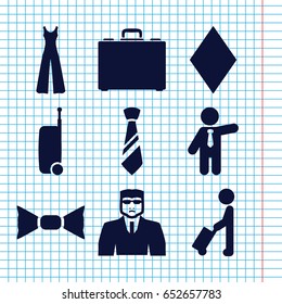 Set of 9 suit filled icons such as man with luggage, diamonds, security guy, bow tie, jumpsuit, businessman, case, tie