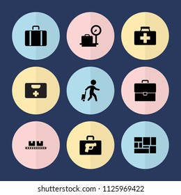 Set of 9 suitcase filled icons such as luggage weight, first aid kit, luggage, briefcase with weapon, case