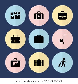 Set of 9 suitcase filled icons such as case, suitcase, man with luggage, luggage, briefcase with weapon