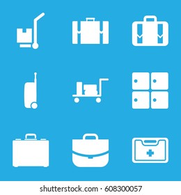 set of 9 suitcase filled icons such as luggage, luggage storage, case, cargo on cart, medical kit