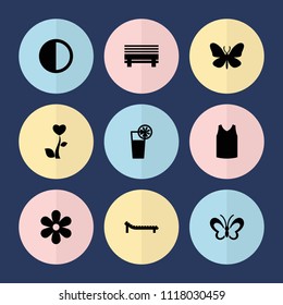 Set of 9 summer filled icons such as butterfly, bench, cocktail, brightness, sunbed, flower, singlet