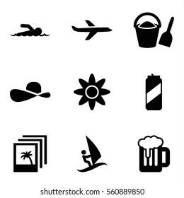 Set of 9 Summer Filled icons such as swimmer, sun hat, photo, plane, flower, surfing, bucket and shovel, beer can, beer