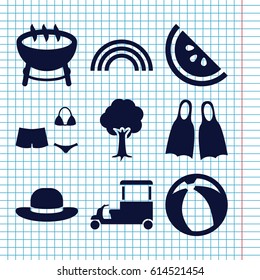 Set of 9 summer filled icons such as woman hat, fast food cart, tree, swimsuit, watermelon, flippers, rainbow, beach ball