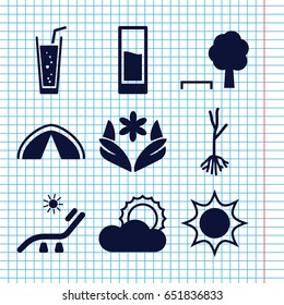 Set of 9 summer filled icons such as flower, sunbed, soda, sprout, sun, drink, tent