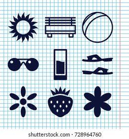 Set of 9 summer filled and outline icons such as sun, flower, slippers, strawberry, drink, sunglasses, plastic ball