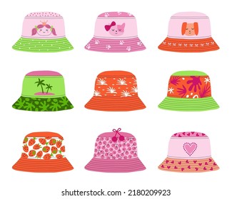 Set of 9 summer hats for girls. Vector illustration.