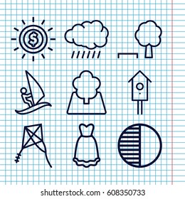 Set of 9 summer outline icons such as sun, nesting house, dress, brightness, tree, surfing, kite, tree and bench