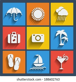 Set of 9 summer vector web and mobile icons in flat design. Symbols of suitcase, sun, umbrella, cloud, rain, camera, palms, slippers, yacht, cocktail
