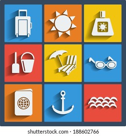 Set of 9 summer vector web and mobile icons in flat design. Symbols of suitcase on wheels, sun, sunscreen, shovel, pail, umbrella, sunbed, sunglasses, passport, anchor, sea wave