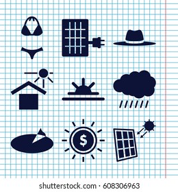 Set of 9 sun filled icons such as sun, hat, sun rise, solar panel