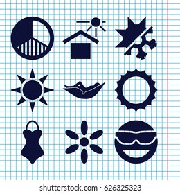 Set of 9 sun filled icons such as sun, woman in hammock, brightness, cold and hote mode