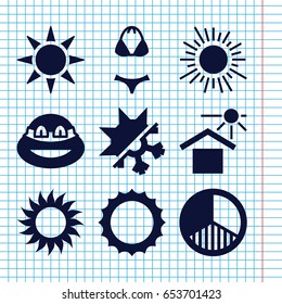 Set of 9 sun filled icons such as ninja, sun, house under sun, brightness, cold and hote mode