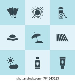 Set of 9 sun filled icons such as field, sun, sun cloud, water tower, woman hat, flippers, beach umbrella, sunscreen