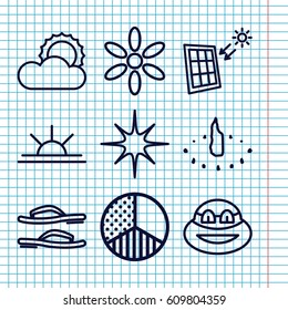 Set of 9 sun outline icons such as sun, sun rise, star, brightness, solar panel, flip flops, sundial