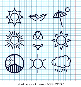 Set of 9 sun outline icons such as sun, woman in hammock, brightness, umbrella