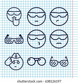 Set of 9 sunglasses outline icons such as sunglasses, cool emot in sunglasses, soldier emot