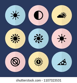 Set of 9 sunlight filled icons such as sun, no brightness, brightness, sun battery